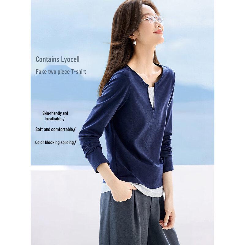 Women s Lyocell Blend Faux Two-Piece Long Sleeve T-Shirt L