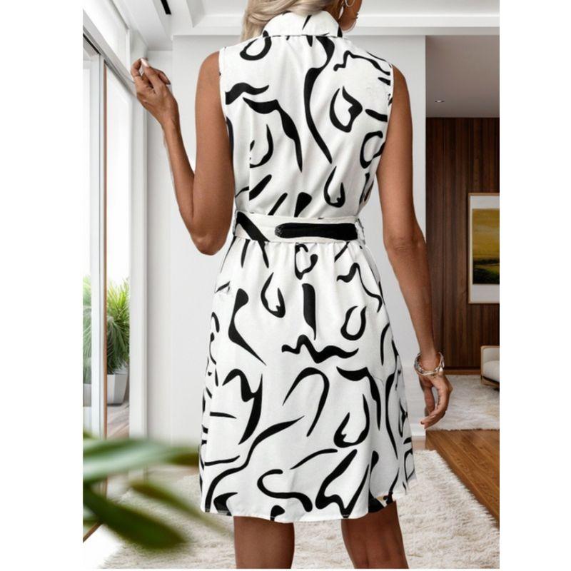 Summer New Arrival Fashion Wind Fashion Commuter Print Single-Breasted Lace up Elegance Sleeveless Shirt Dress Dress