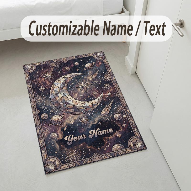 Cosmic Moon Mandala Theme Soft Crystal Velvet Rug Custom Name & Text Print Non Slip Floor Rug for Bedroom Living Room