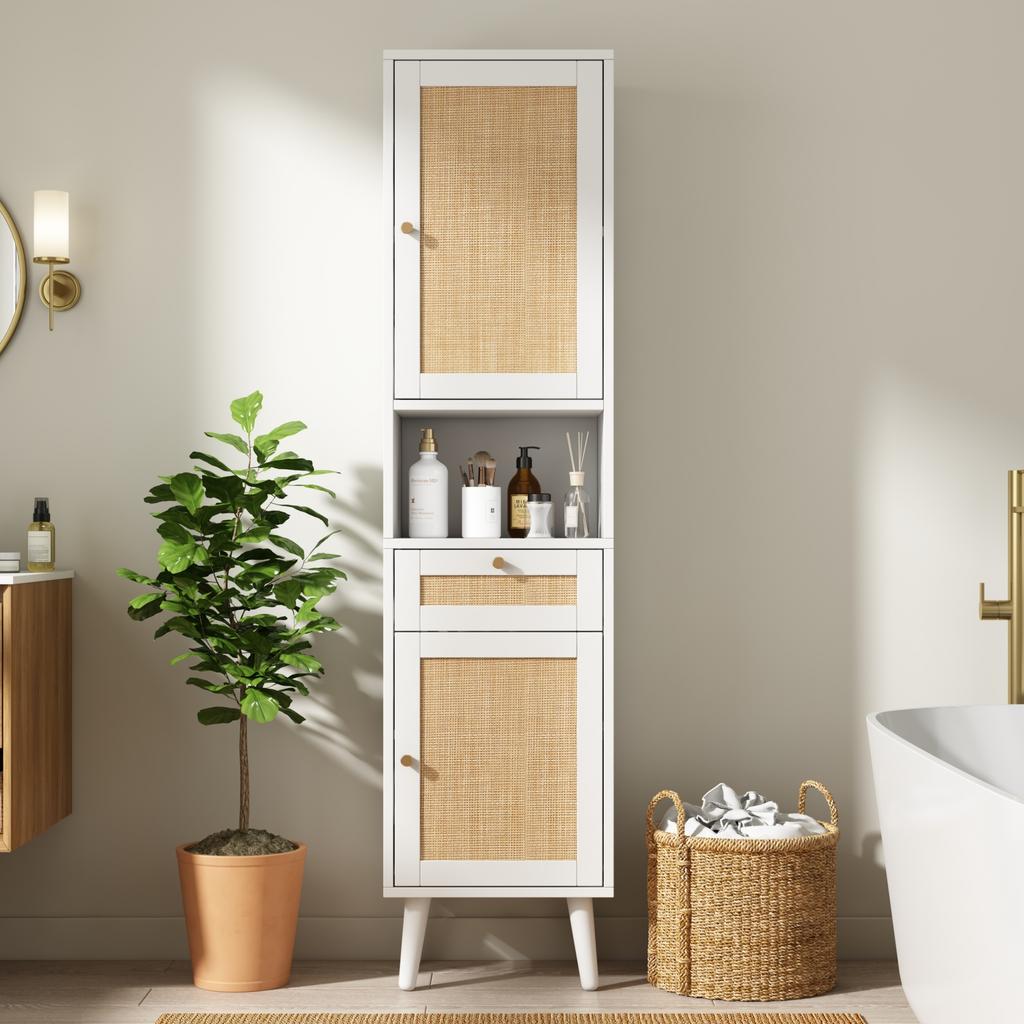 Hoher Stand-Badezimmerschrank, Rattan-Türen, Links-Rechts umkehrbar, Schublade, Magnetverschluss, Soft-Close-Scharniere, 40×30×166 cm, Weiß