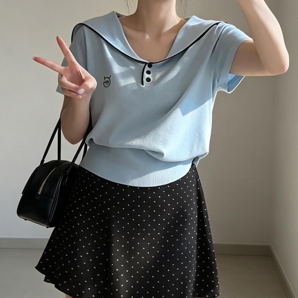 Korean Chic Sailor Collar Knit Top - Women's Slimming Loose Fit, Short Sleeve Summer Design