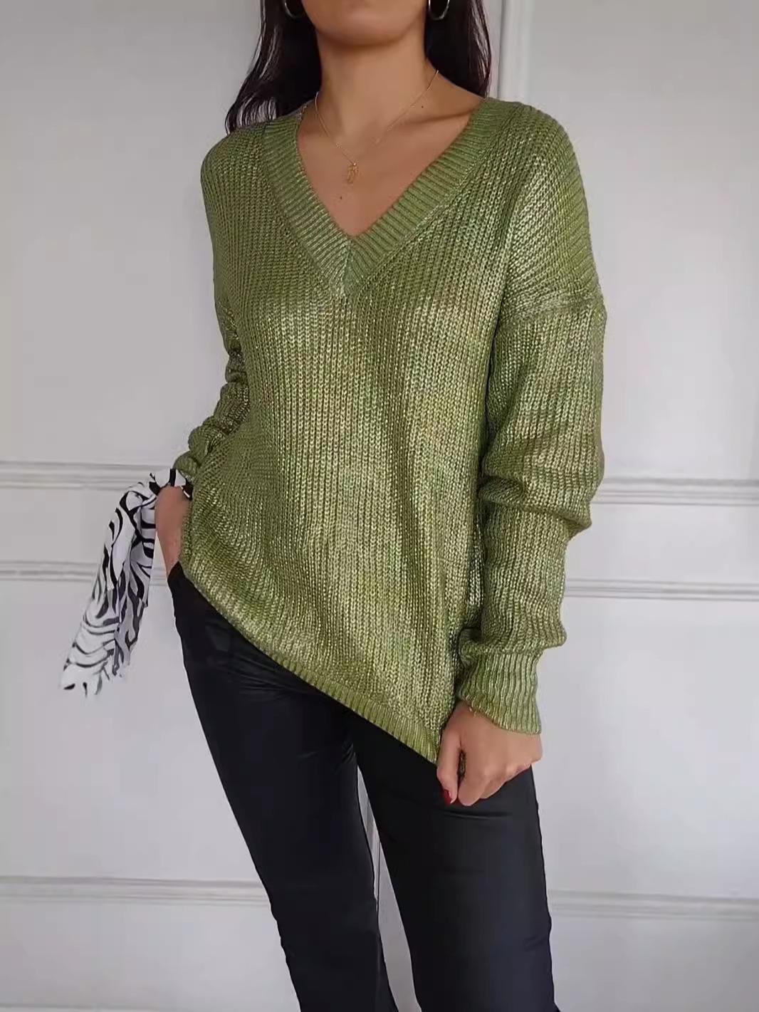 

Women s Deep Gray V-Neck Metallic Knit Sweater 5XL зелений