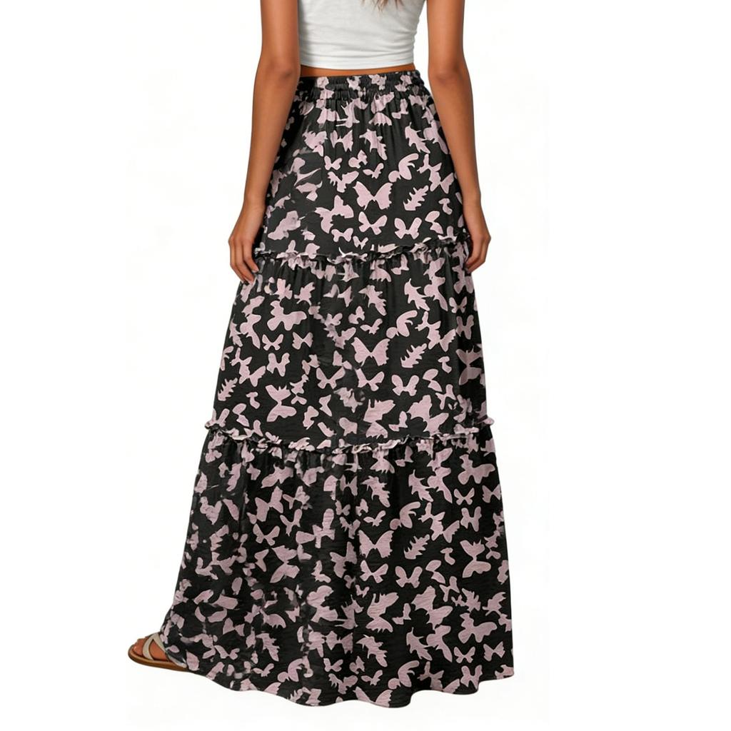 Women's Fashion Bohemian Print Elastic Waist Skirt Loose Casual High Waist Tie Long Skirt