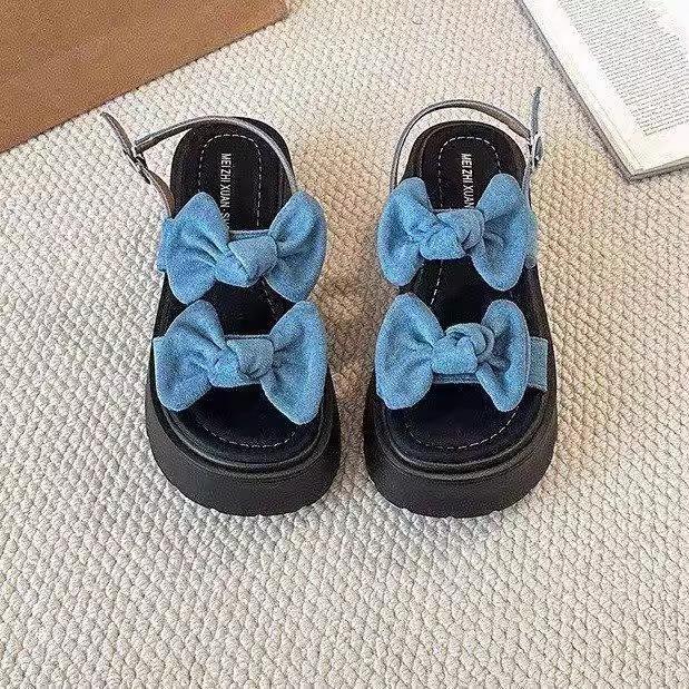 2025 new platform versatile skirt denim sandals women's new bow in summer 2025