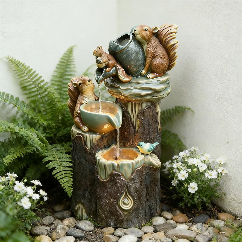 Duck /Squirrel Fountain Ornament Garden Duck Family Statue Outdoor Yard Miniature With Light Garden Decor For Patio Balcony Lawn