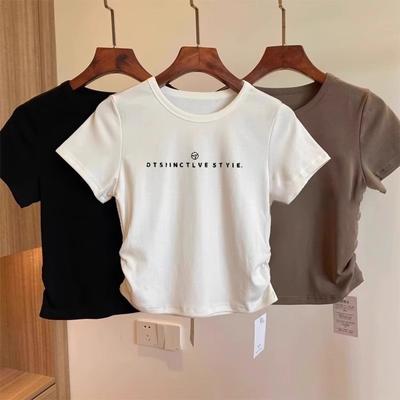 Solid Round Neck Short Sleeve Women's T-shirt Summer New Slim Fit Pleated Print Casual Tshirts Woman Elegant Office Lady Tee Tops 24240