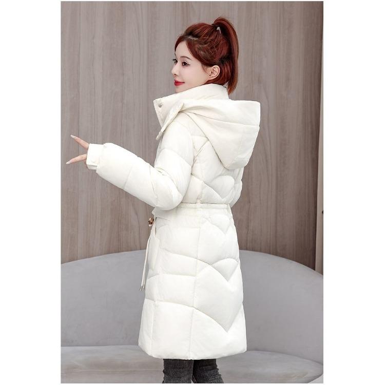 Damen Winter Schlank geschnittener Mittellanger Daunenmantel Dicke Warme Baumwoll-Pufferjacke mit Taillenraffung