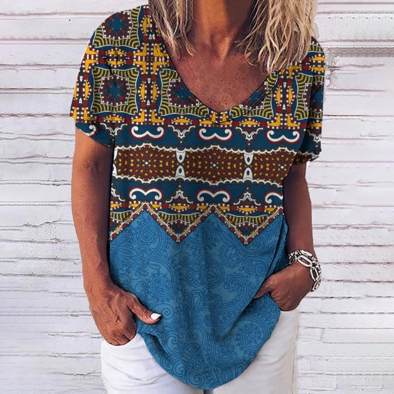 Summer T Shirt For Women 3d Fashion Geometric Print V Neck Short Sleeve Basic Tops Streetwear Casual Oversized Female Clothing