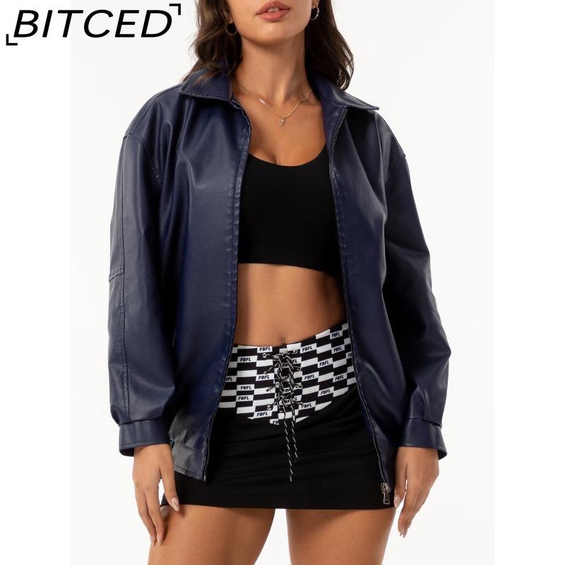 BITCED Fashionable Oversized Leather Jacket for Women Long-Sleeve Collared Spring/Fall Coat