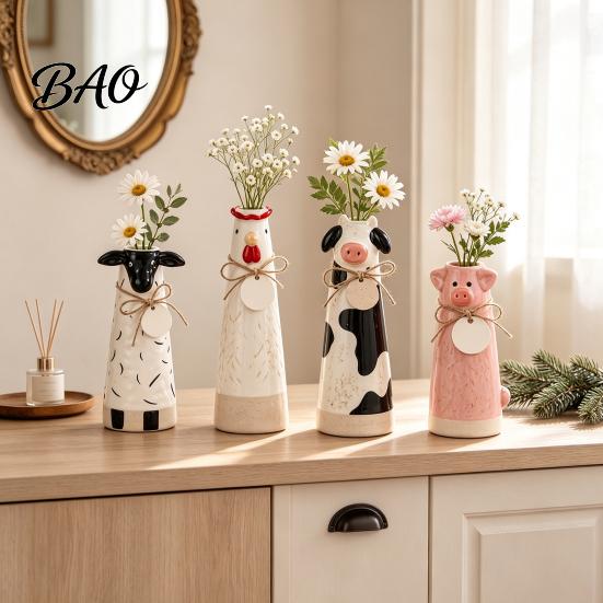 Artistic Resin Table Decoration Cute Animal Vase, Farmhouse Decorative Flower Holder for Home Hand Carved Ornaments Office Decor Pig/Cow/Sheep/Chicken