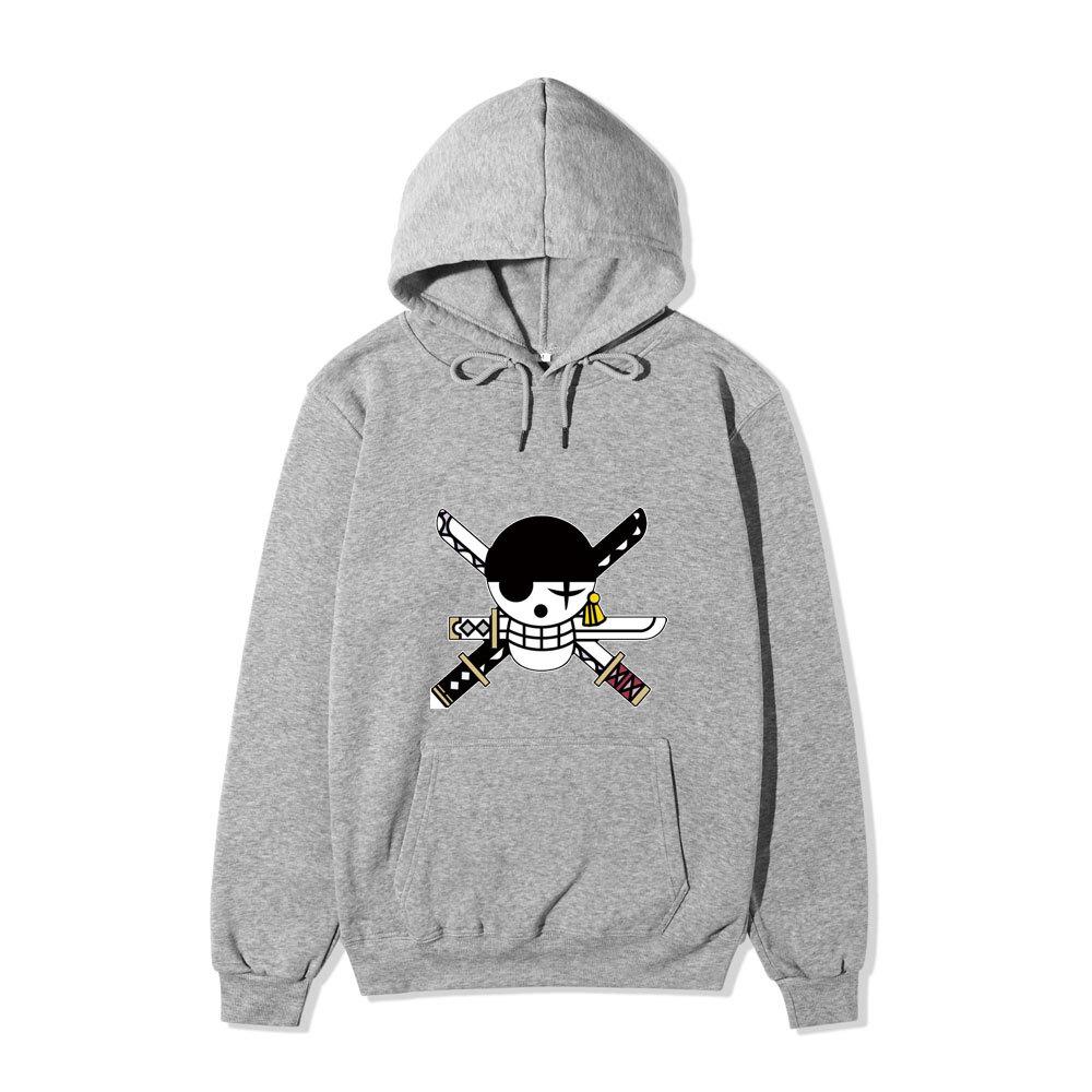 Anime One Piece Roronoa Zoro Hoodie, Pirate Logo Front Print Pullover Sweatshirt Long Sleeve Streetwear for Men Women