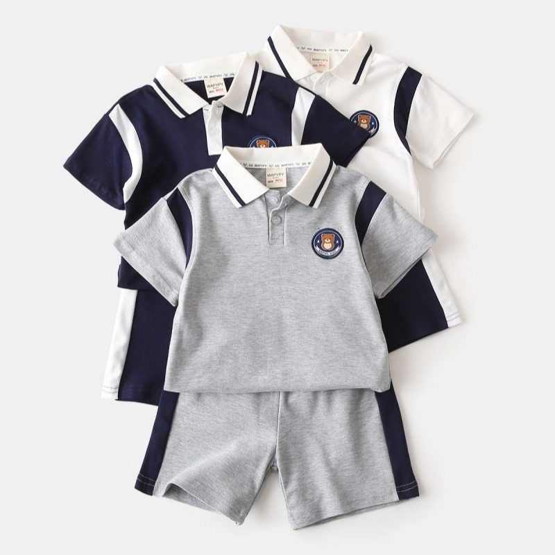 Children's Summer Clothing Boys' Short-Sleeved Suit Baby Lapel Polo Shirt Shorts Two-piece Set Children's Embroidery Bear Clothes