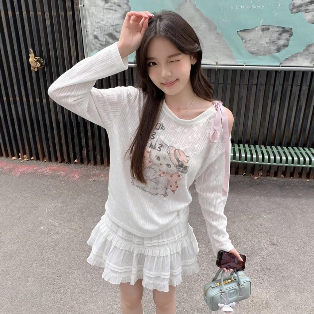 Korean Pure Desire Bow Cat Print Off-the-shoulder Long-sleeved T-shirt Women's Summer Thin Loose Blouse Sunscreen Top