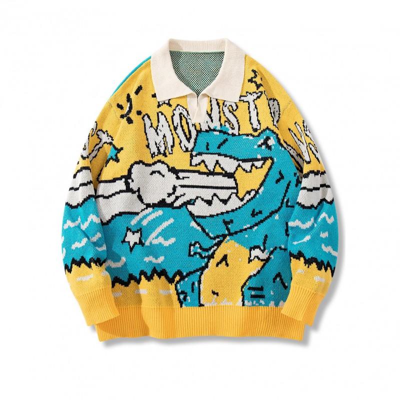 Amerikanischer Dinosaurier Strickpullover für Teenager Jungen Lockerer Rundhals Pullover Warmes Freizeit Oberteil Herbst Winter