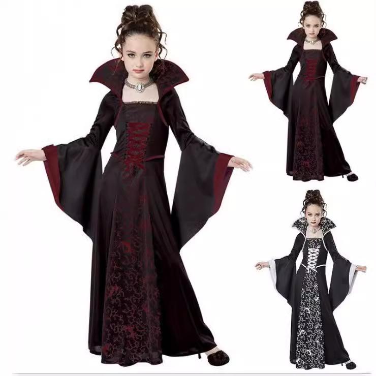 Dívčí Halloweenská Čarodějnice Upír Cosplay Dlouhé Šaty Dětské Rozšířené Rukávy Tištěný Párty Kostým Pro Divadelní Představení
