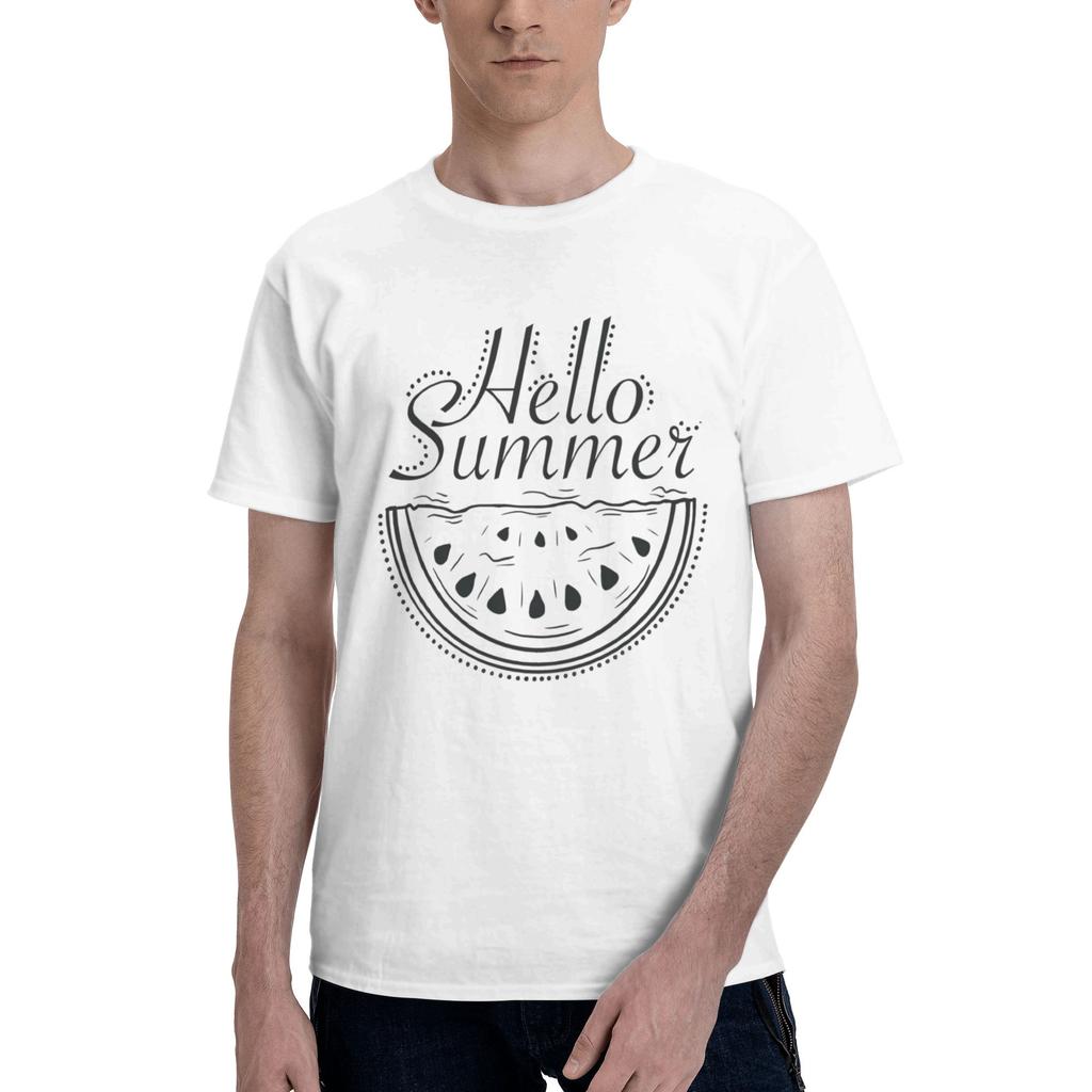 Hello summer Men T Shirts Watermelon print Humorous Tee Shirt Short Sleeve Round Collar Pure Cotton Adult Tops TShirt