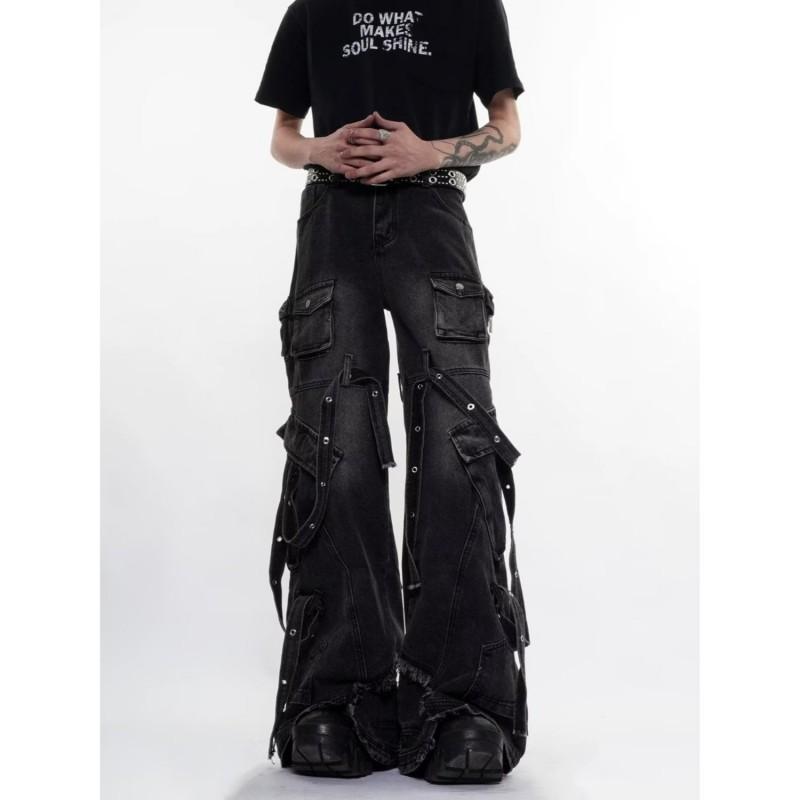 Mens Washed Denim Pants Loose Straight Leg Wide Fit Casual Streetwear Jeans