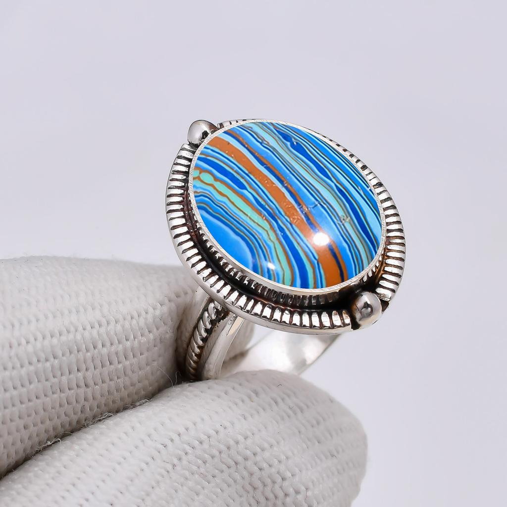 Blue Rainbow Calsilica 925 Sterling Silver Ring V5104, Blue Ring, Oval Ring, Valentin's Day Gift, Gift For Her, Birthday Gift, Handmade Jewelry, Silve