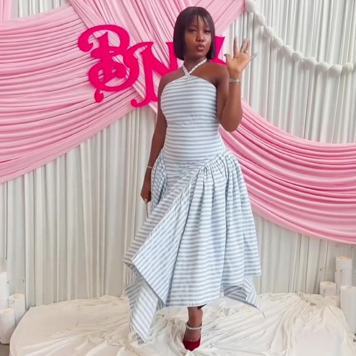 African Women's Sleeveless Neck Fashion Striped Dress Women's Waist Temperament European and American Foreign Style New Big Swing Dress