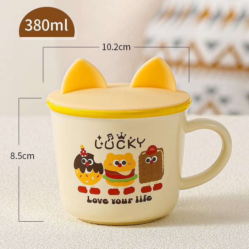 Niedliches Geschenk Keramiktasse Souvenirtasse Frauen Becher Cartoon Wassertasse Haushalt Kaffeetasse mit Deckel Löffel Kinder