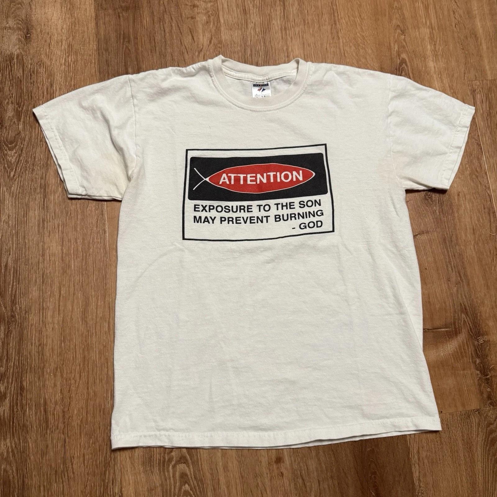 Vintage Exposure to the Son May Prevent Burning God Jesus T-Shirt White Mens Sz M 2XL