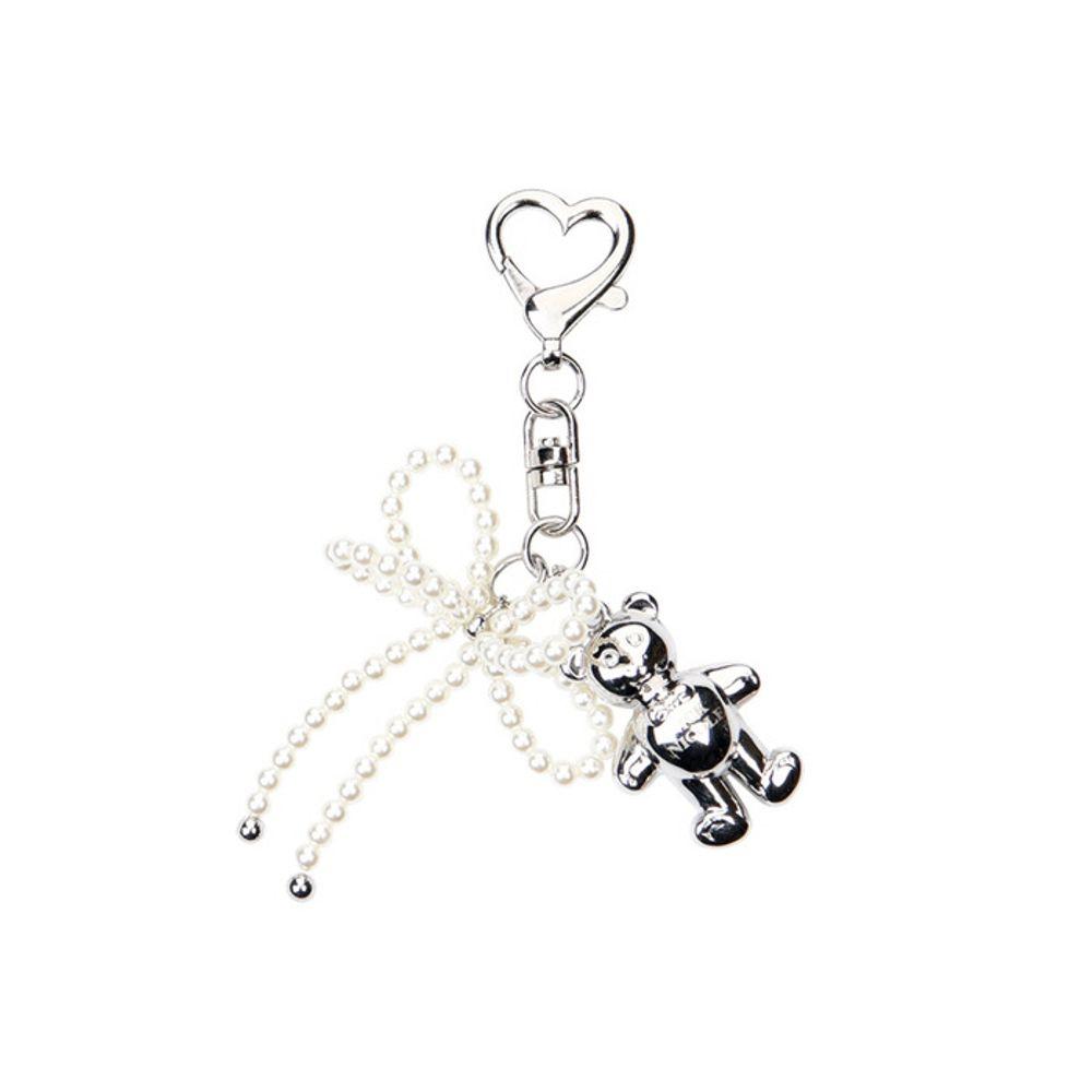 

NICK&NICOLE TEDDY BEAR logo PEARL RIBBON keyring_silver FREE