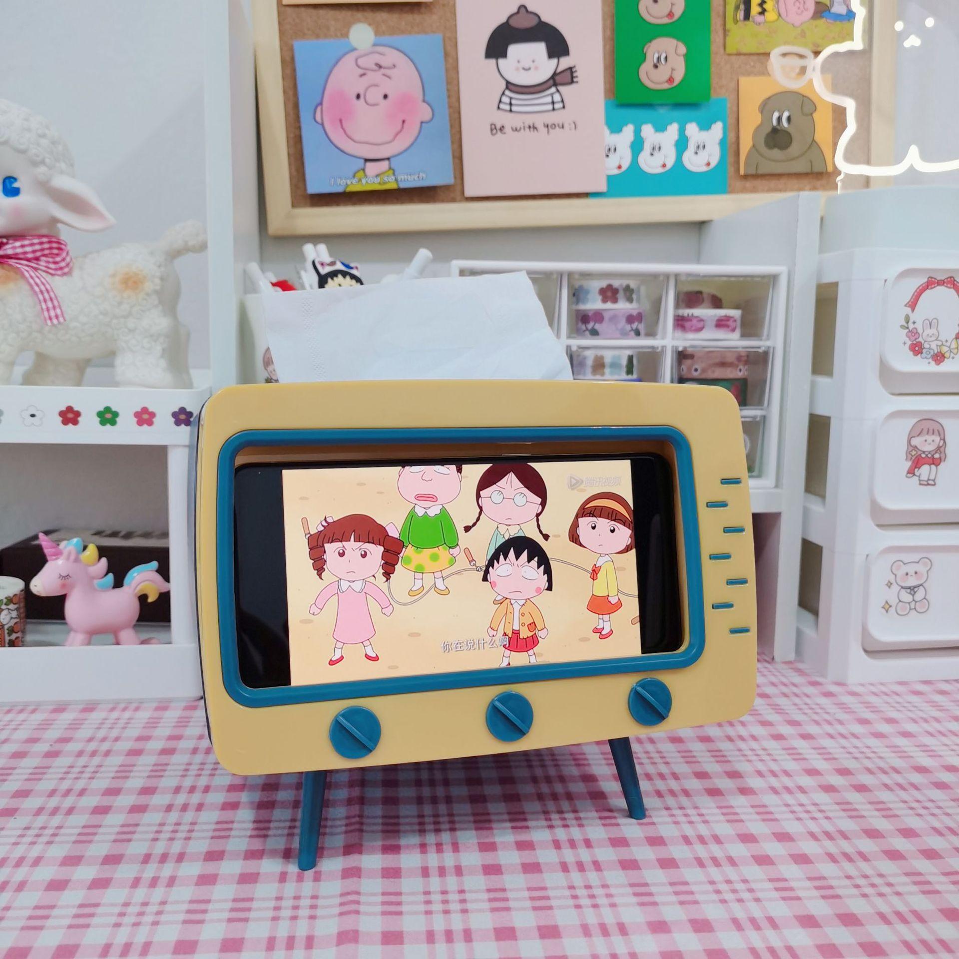 Support De Boîte à Mouchoirs Créatif Avec Support Pour Téléphone Portable, Boîte à Mouchoirs Pour Support De Téléphone TV Rétro, Conteneur De Stockage Multifonctionnel (Bleu