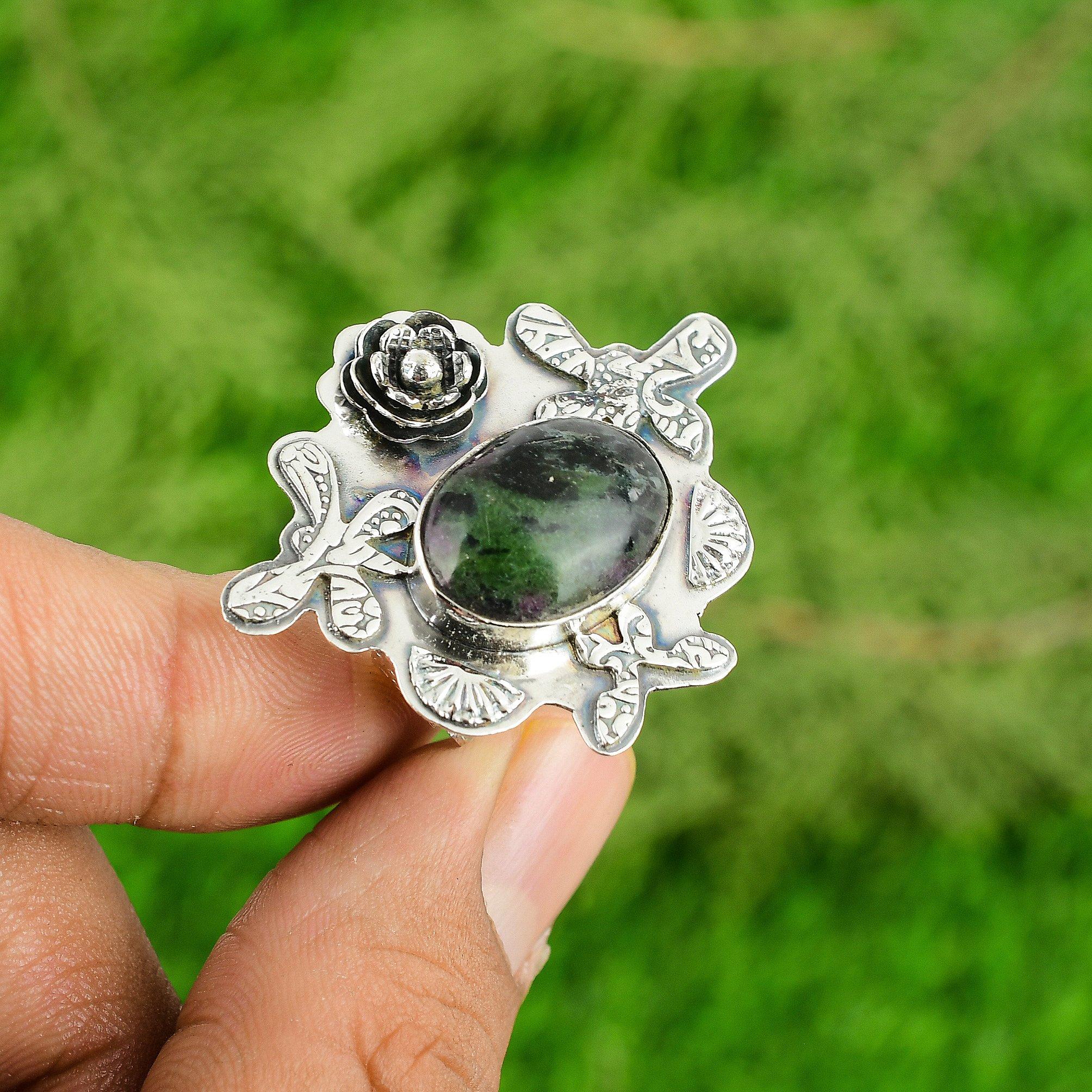 

Gift For Her 925 Silver Natural Ruby Zoisite Statement Flower Adjustable Ring Adjustable