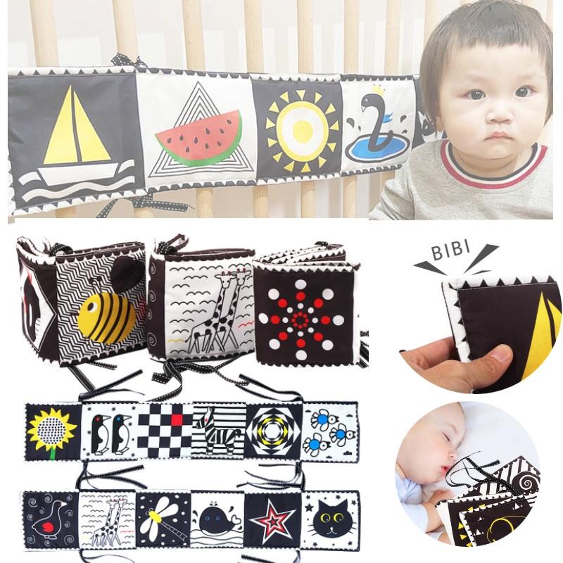 Nowa Dwustronna Czarno-Biała Książeczka-Ochraniacz do Łóżeczka Dziecięcego z Odporną na Rozdarcia Zabawką 3D do Wczesnej Edukacji i Urządzeniem Dźwiękowym