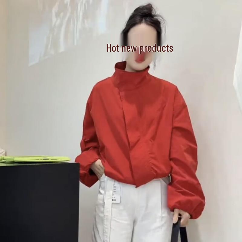 Women's Korean-Style Red Windbreaker: Loose-Fit, Long-Sleeve, Stand-Up Collar, Sun Protection Jacket for Spring & Autumn 2025.