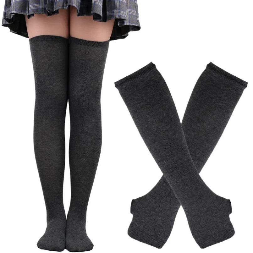 Lange über dem Knie Socken Damen Fäustlinge Armstulpen Handschuhe Set Gestreifte Oberschenkelhohe Strümpfe Damen Mädchen Rosa Schwarz Weiß Lolita