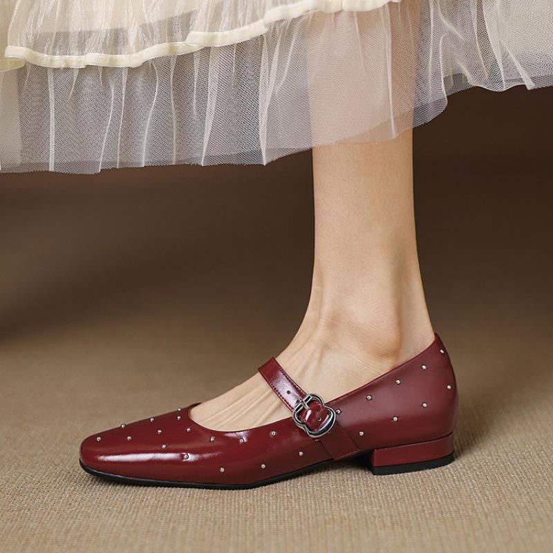French Casual Women's Single Shoes Retro Mary Jane Shoes Spring and Summer New Versatile Light Mouth Leather Shoes Flat Heel Square Head Commuting