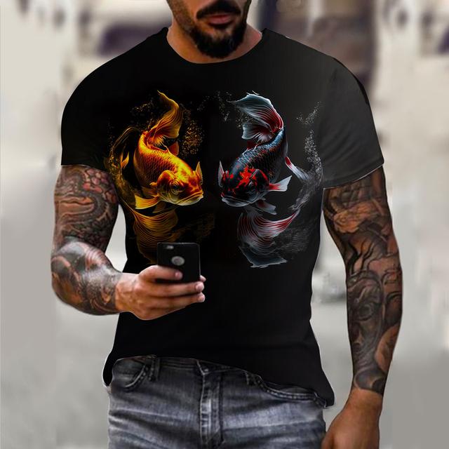 Trend Herre T-skjorter Fiskemønster T-skjorter Kort Erme 3d Dyr Ulv Trykket Street Hip Hop T-skjorte Tai Chi Diagram Topper Tee