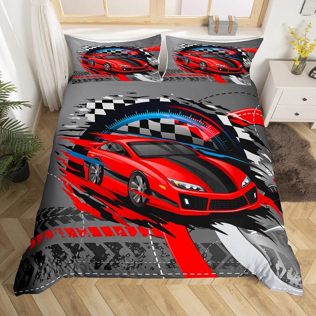 Red Cool Racing Car Three-Piece Quilt Cover Digital Printing Bedding Set Bed Cover