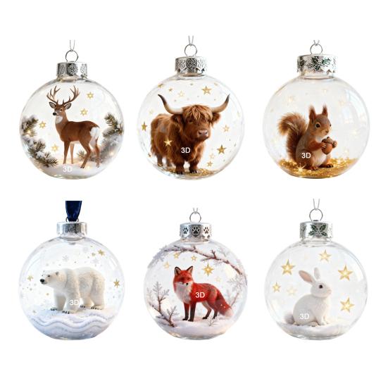 Wildlife Wonders Faux Crystal Ball Ornaments 3D Animal Decor with Fox Squirrel Deer Shatterproof Plastic Christmas Tree Decoration