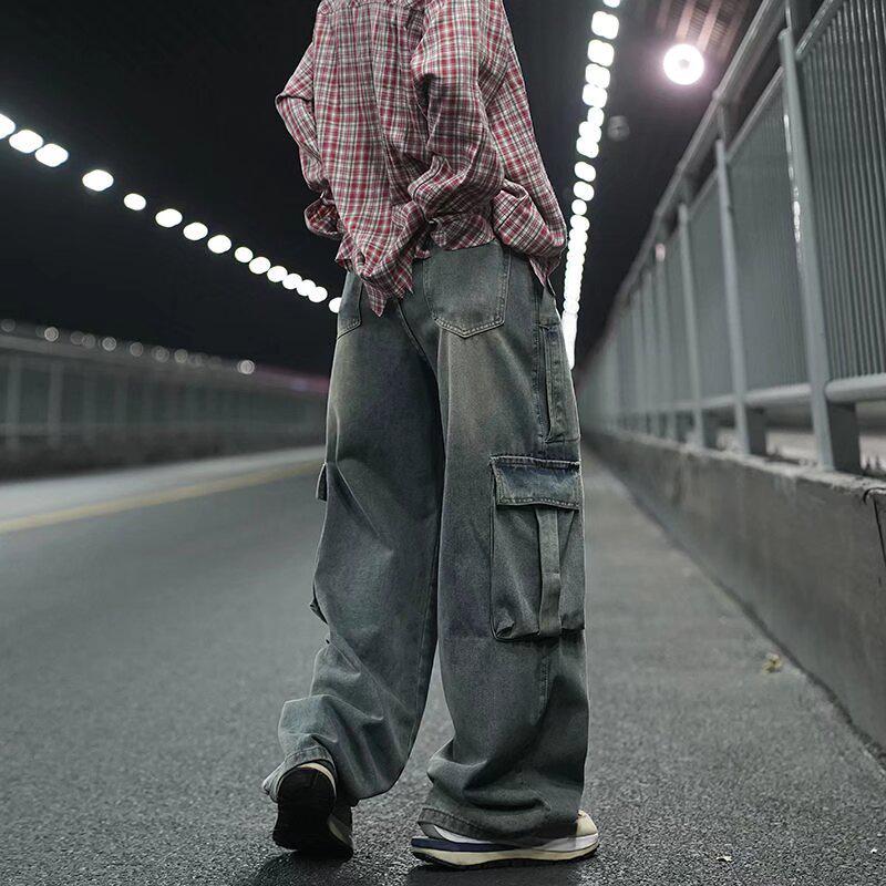 

Men s Retro Washed Blue Wide-Leg Jeans with 3D Pockets - American High Street Fashion XL синій