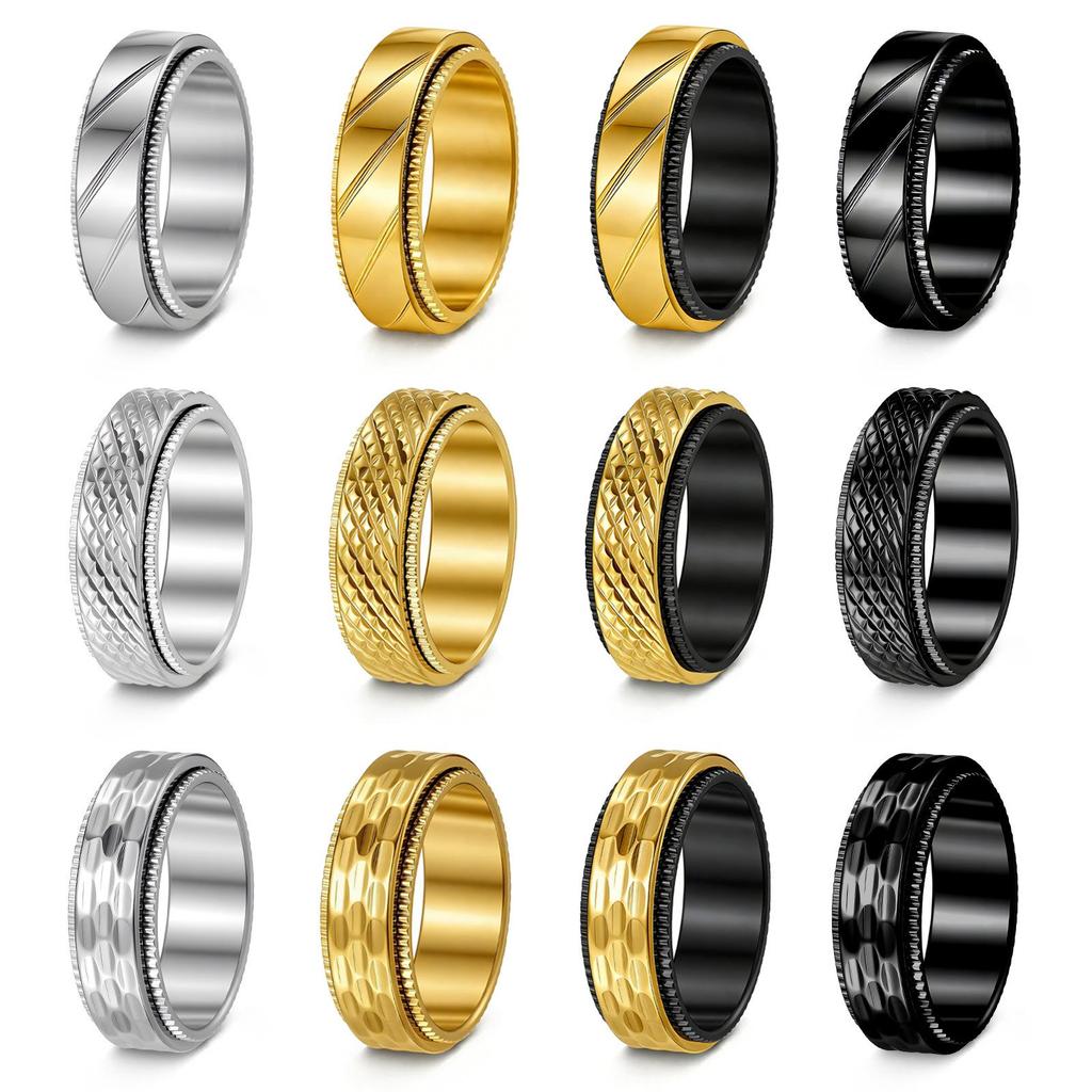 8mm Titanium Steel Punk Rotatable Decompression Ring with Woven Mesh and 18K Vacuum Plating