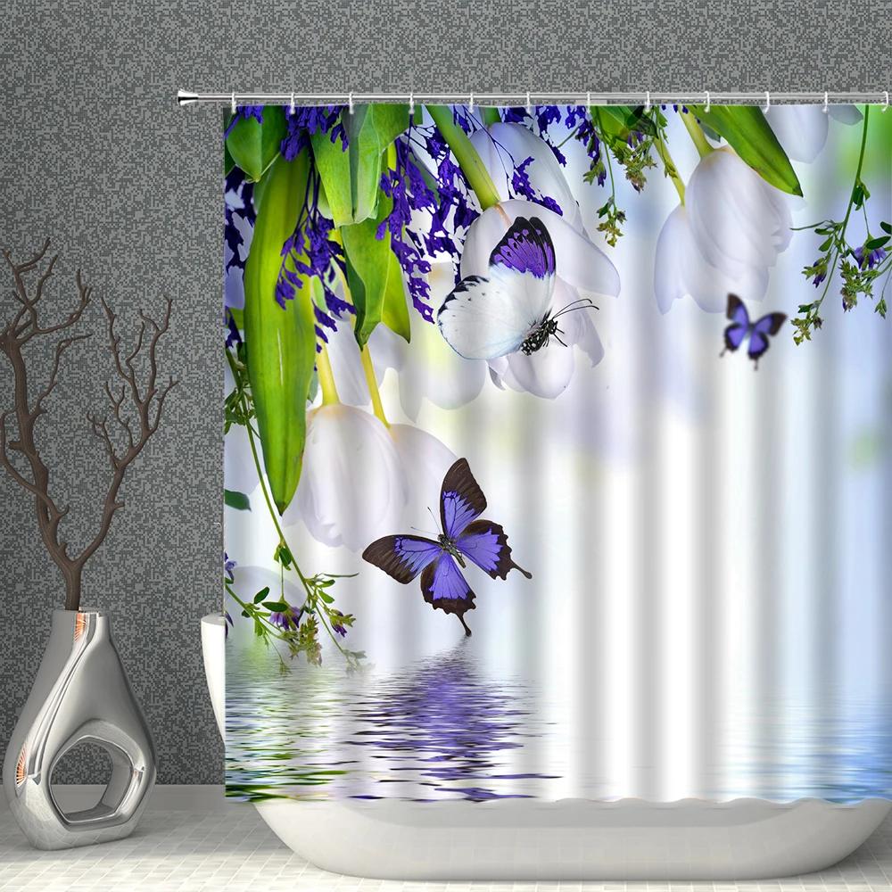 Plant Floral Shower Curtain 3D Butterfly Flower Natural Landscape Bathroom Curtains Polyester Fabric With Hook Home Bath Decor