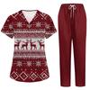 Women's Christmas Print Short Sleeve Scrub Two-Piece Set with Pocketed Top and Pants