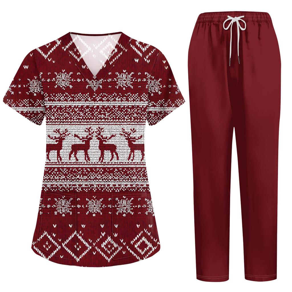 Women's Christmas Print Short Sleeve Scrub Two-Piece Set with Pocketed Top and Pants