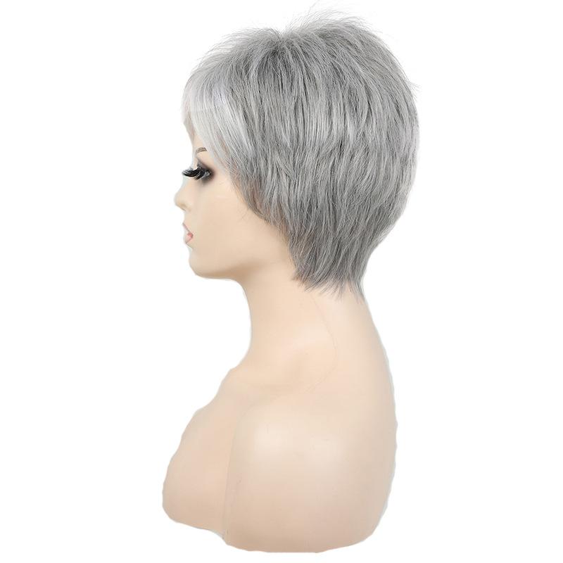 Ladies Ombre Silver Grey Wig With Bangs Short Natural Straight Synthetic Wigs for Women Fake Hair Wig Heat Resistant Wig