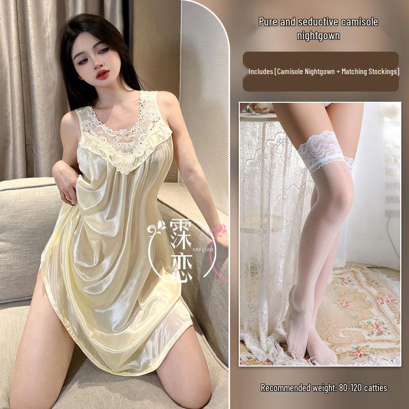 Cămașă de noapte Milian Mărimi Mari din Dantelă - Lenjerie de Noapte Coreeană fără Mâneci