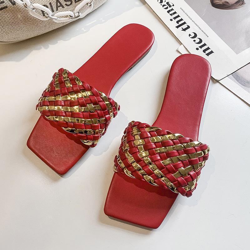 

Slippers women s fashion wear 2025 new summer Internet celebrity weaving flat bottom one word drag seaside vacation beach 35 красный