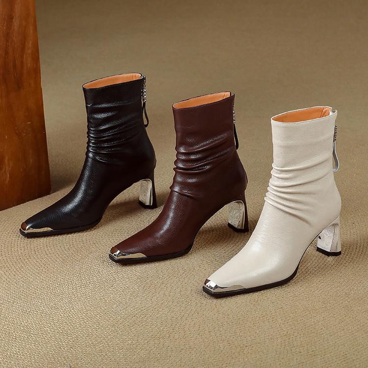 French metal square head high-heeled short women's boots 2025 autumn and winter new thick heel rear zipper leather Chelsea boots women