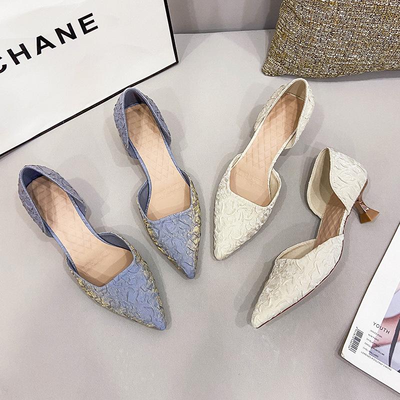 Temperament pointed satin low heel side empty women's shoes 2025 summer new wine glass heel high heels Korean version hollow single shoes