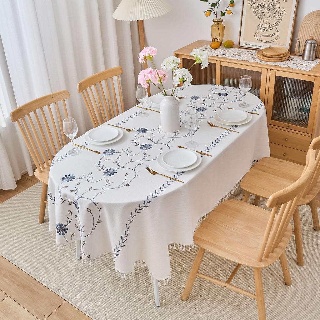Oval Cotton And Linen Embroidered Fabric, High-Grade Tablecloth, Waterproof And Oil-Proof, Advanced Sense, Anti-Scalding And Wear-Resistant Coffee