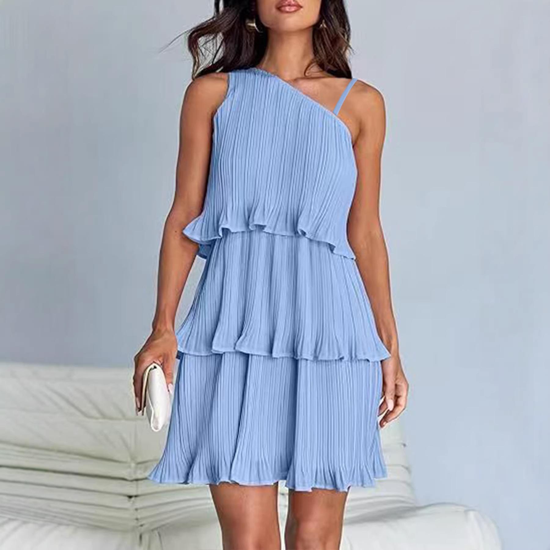 Women One Shoulder Ruffle Tiered Mini Dress Multi Colors Casual Bodycon Summer Dress S небесно-голубой