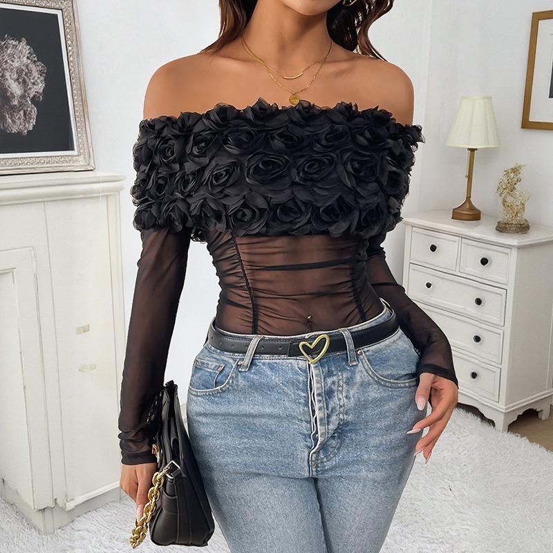 Women Sexy Mesh Off Shoulder Floral Long Sleeve Tight High Waist One Piece Jumpsuit