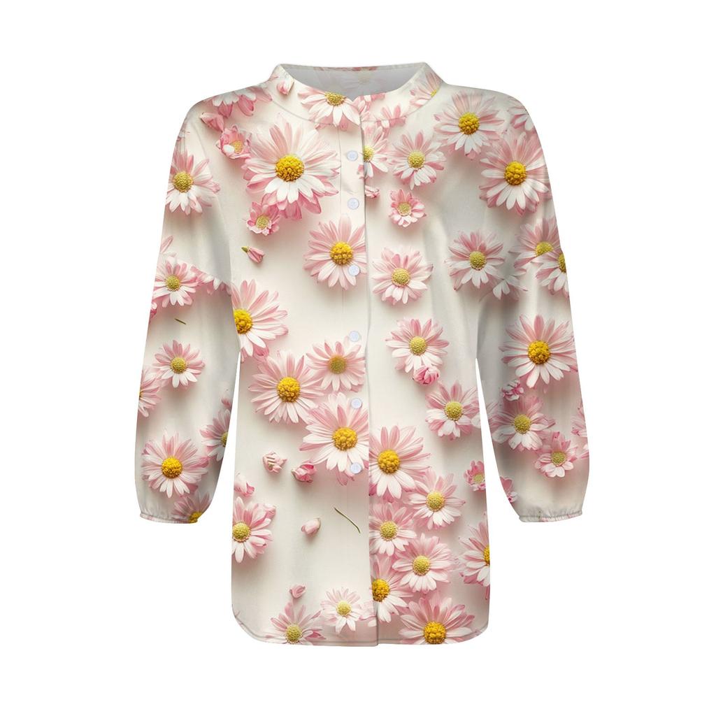 Women's Shirt Button Casual Print Fashion Round Neck Drop Shoulder Seven Sleeve Shirt Top