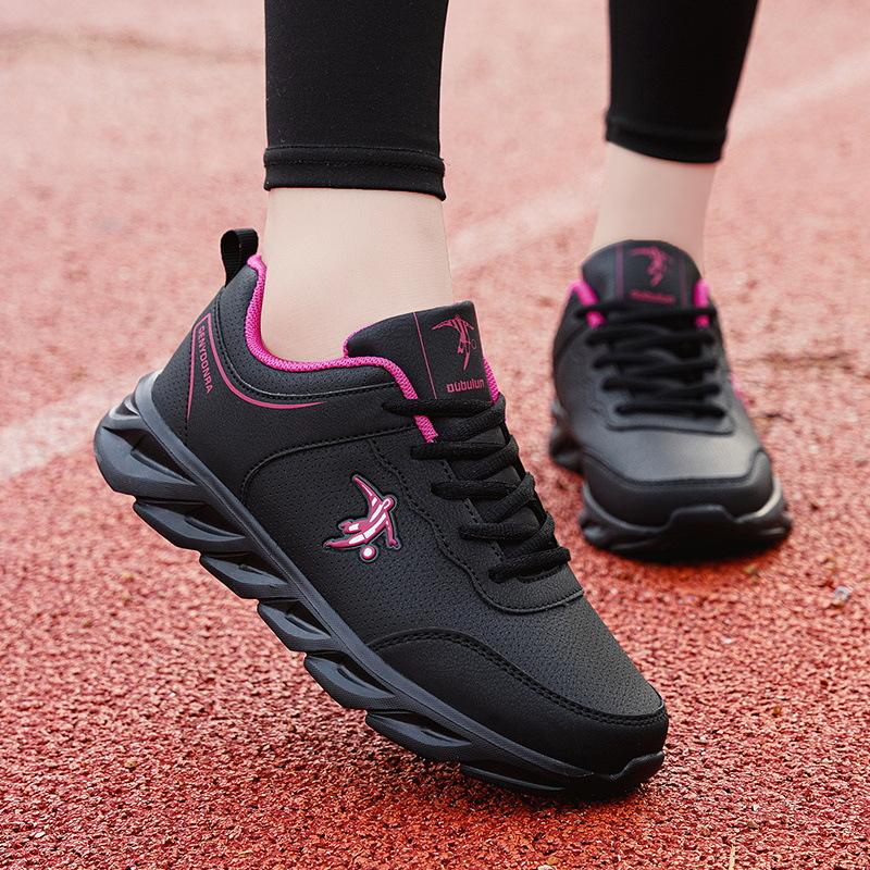 Women's shoes leather surface waterproof sports shoes spring lightweight soft sole running shoes women's casual shoes black shoes female brand
